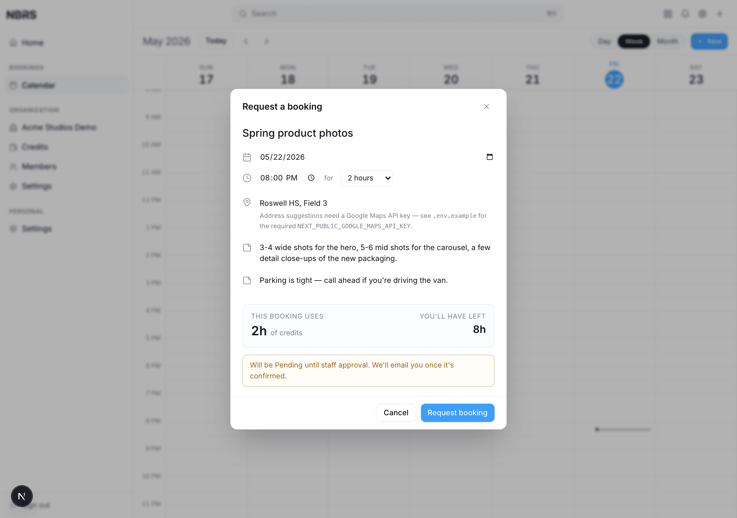 Booking dialog