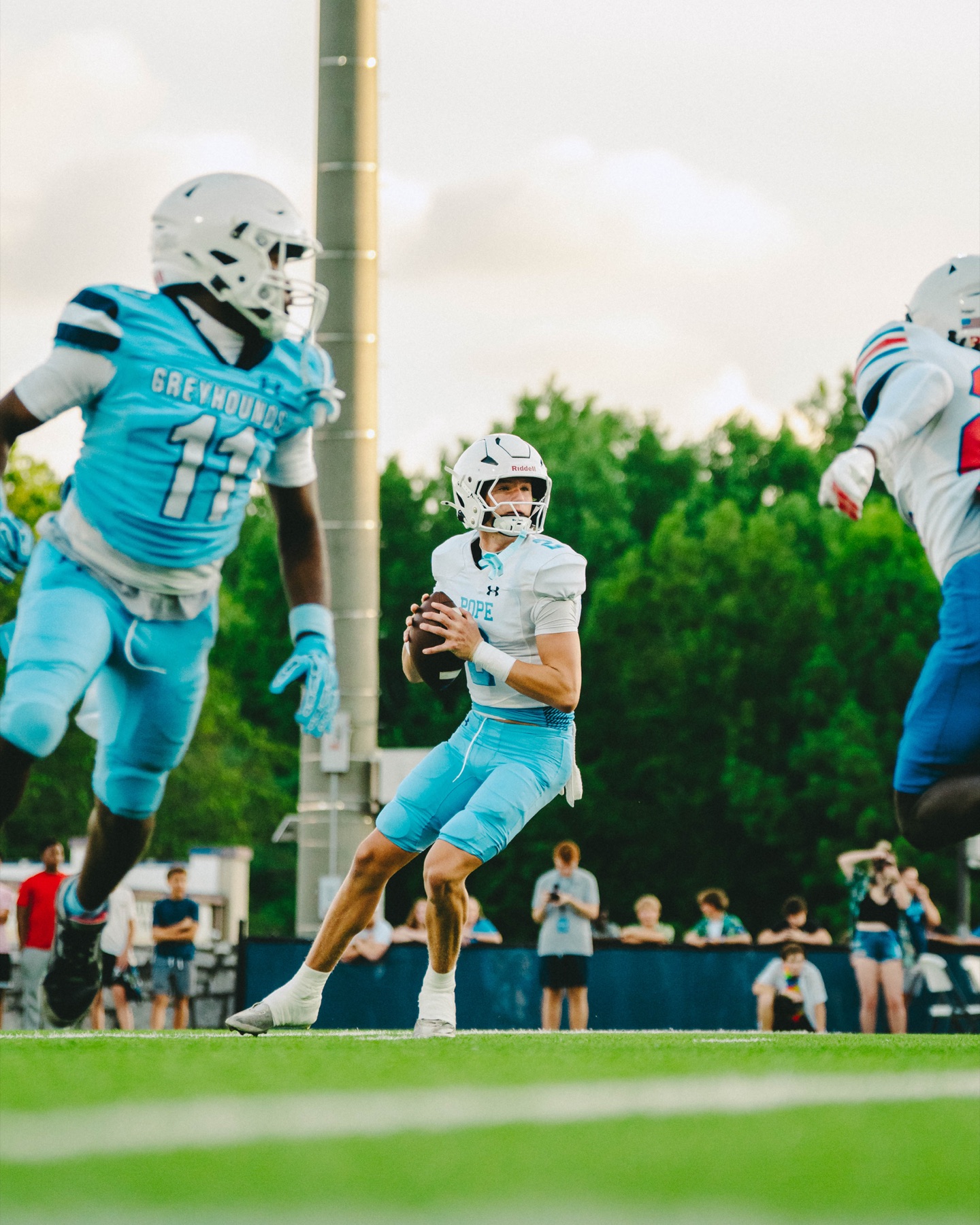 Football quarterback looking for a receiver