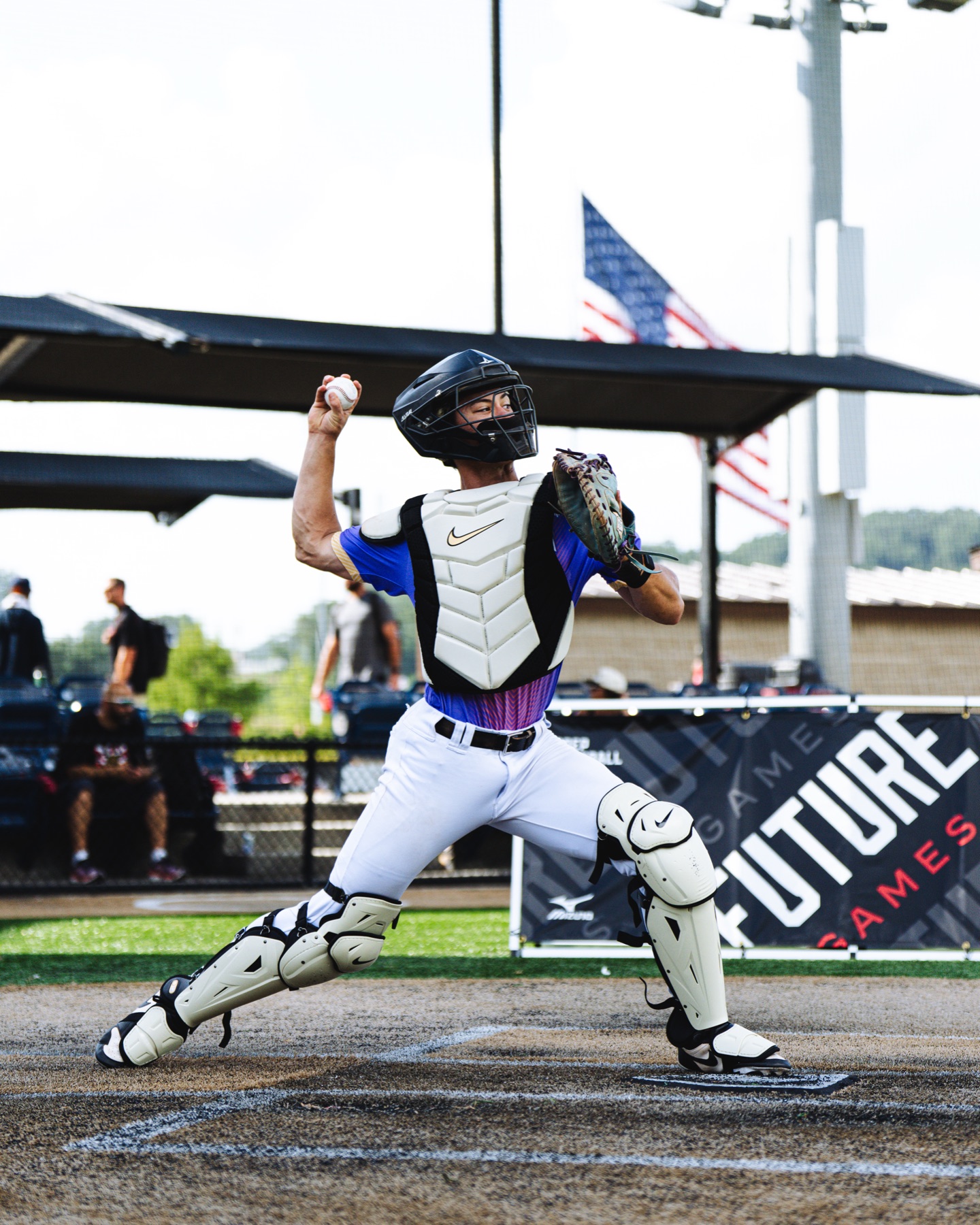 Baseball catcher throwing during a game